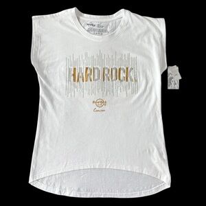 Vintage Hard Rock Hotel Cancun Women’s Sleeveless T-Shirt White Gold Logo Small